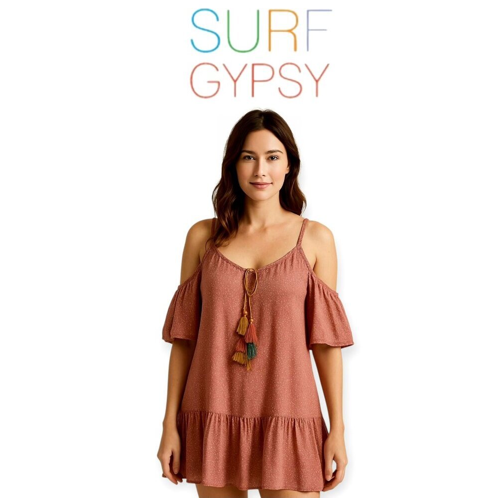 Surf Gypsy Orange Cream Flowy Cold Shoulder Boho Top Tassel Tie Small NWT